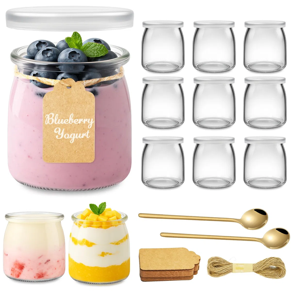 200 ml Joghurtgläser mit Deckel und Löffel, 12 Stk Kleine Dessertgläser Mehrzweck, Nachtisch Gläser mit Deckel & Etiketten für Joghurt, Dessert, Pudding, Marmelade, Honig, Spülmaschinenfest
