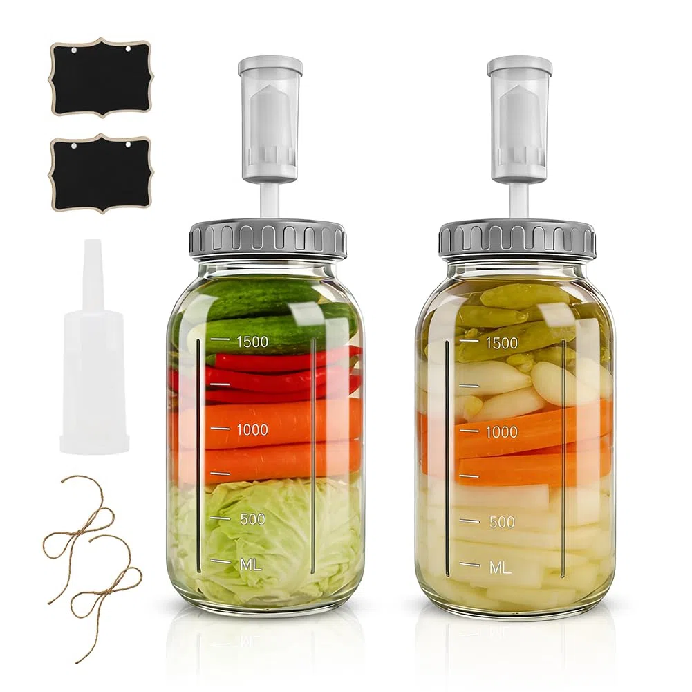 Fermentierglas 2 Stück 2L, Kimchi Behälter mit Luftschleuse, Perfekt für die Gärung für Kimchi, Sauerkraut,Sauerteig Starter, Sauerteigstarter,Kefir Glas mit Deckel
