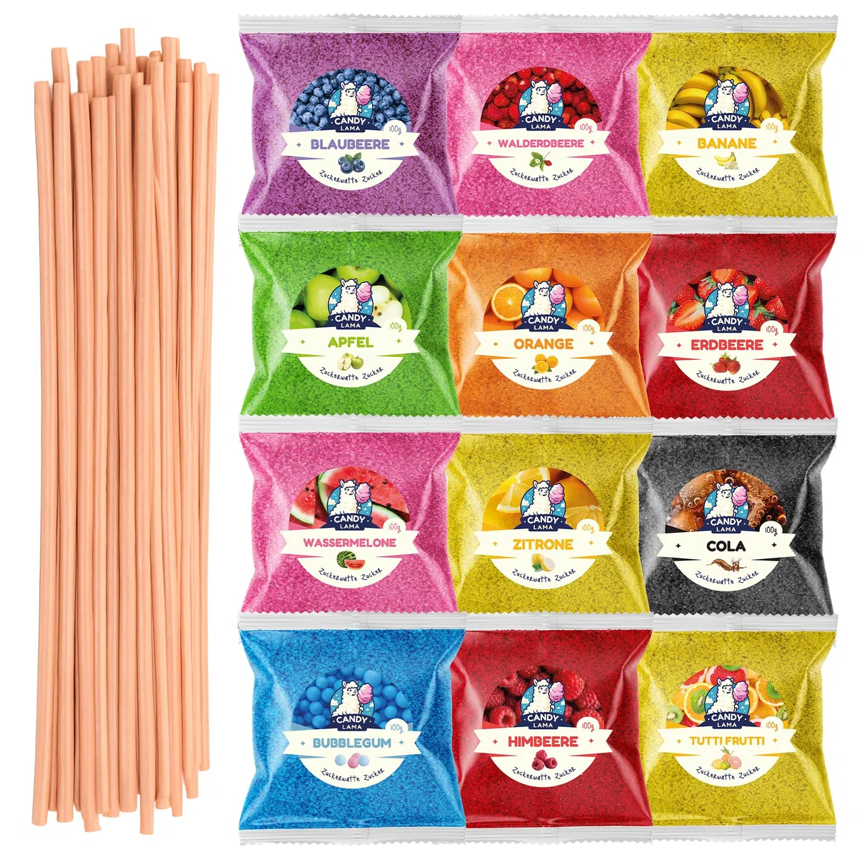 Zuckerwatte Zucker Set 12 x 100g Partyset - inkl. 20 Zuckerwattestäbe - 12 Geschmacksrichtungen für alle Zuckerwattemaschinen - Made in EU