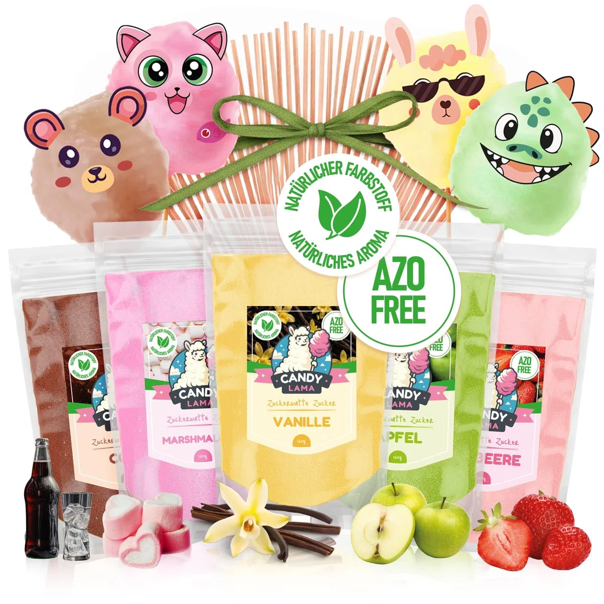 Zuckerwatte Zucker Set 5x160g Partyset: Erdbeere, Cola, Vanille, Apfel, Marshmallow - inkl. 20 Stäbe & 8 essbare Deko - 100% natürlich & AZO-frei für Zuckerwattemaschine