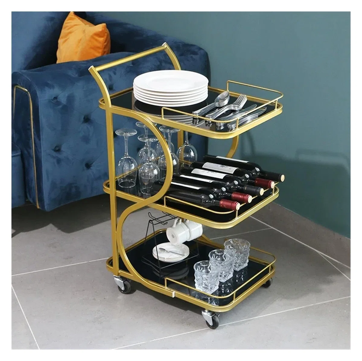 Speisewagenwagen, Hotelgeschäft, Restaurant, Mobile Kuchenlieferung, Eisen, Multifunktionaler Handschub-Barwagen, Bewegliche Lastwagen, Arbeitsplatte Aus Gehärtetem Glas(Gold,L45xW34xH84cm)