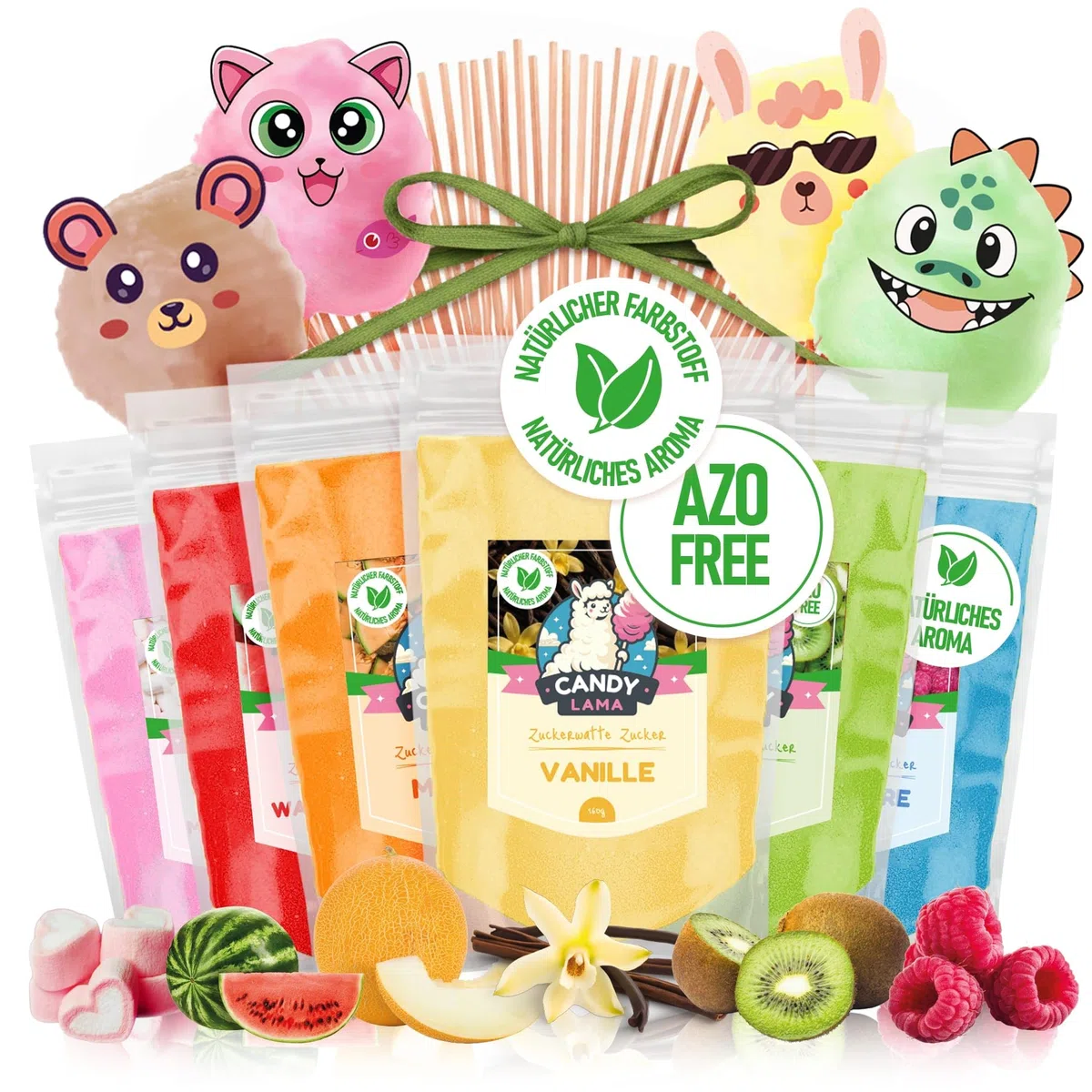 Zuckerwatte Zucker Set 6x160g Partyset: Marshmallow, Wassermelone, Melone, Vanille, Kiwi, Himbeere - inkl. 20 Stäbe & 8 essbare Deko - Natürliche Aromen & AZO-frei für Zuckerwattemaschine