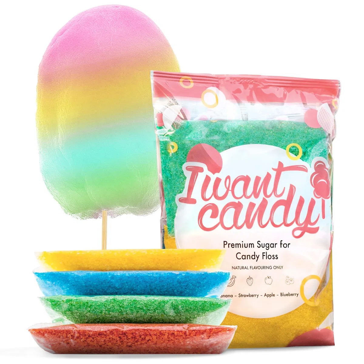 4x200g | AZO Frei | Natürliche Aromen | Apfel, Banane, Blaubeere, Erdbeere | Zucker für Zuckerwatte von I WANT CANDY®