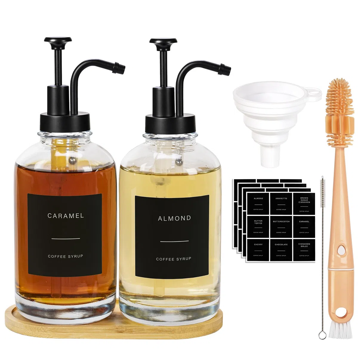 Kaffee Sirup Spender Glas Set, Kaffeesirup Pumpspender mit Schwarzer Pumpe, 2 Stück Glassirupflasche mit 36 Etiketten und Flaschenbürste, Trichter, Tablett, 16,9 oz 500 ml