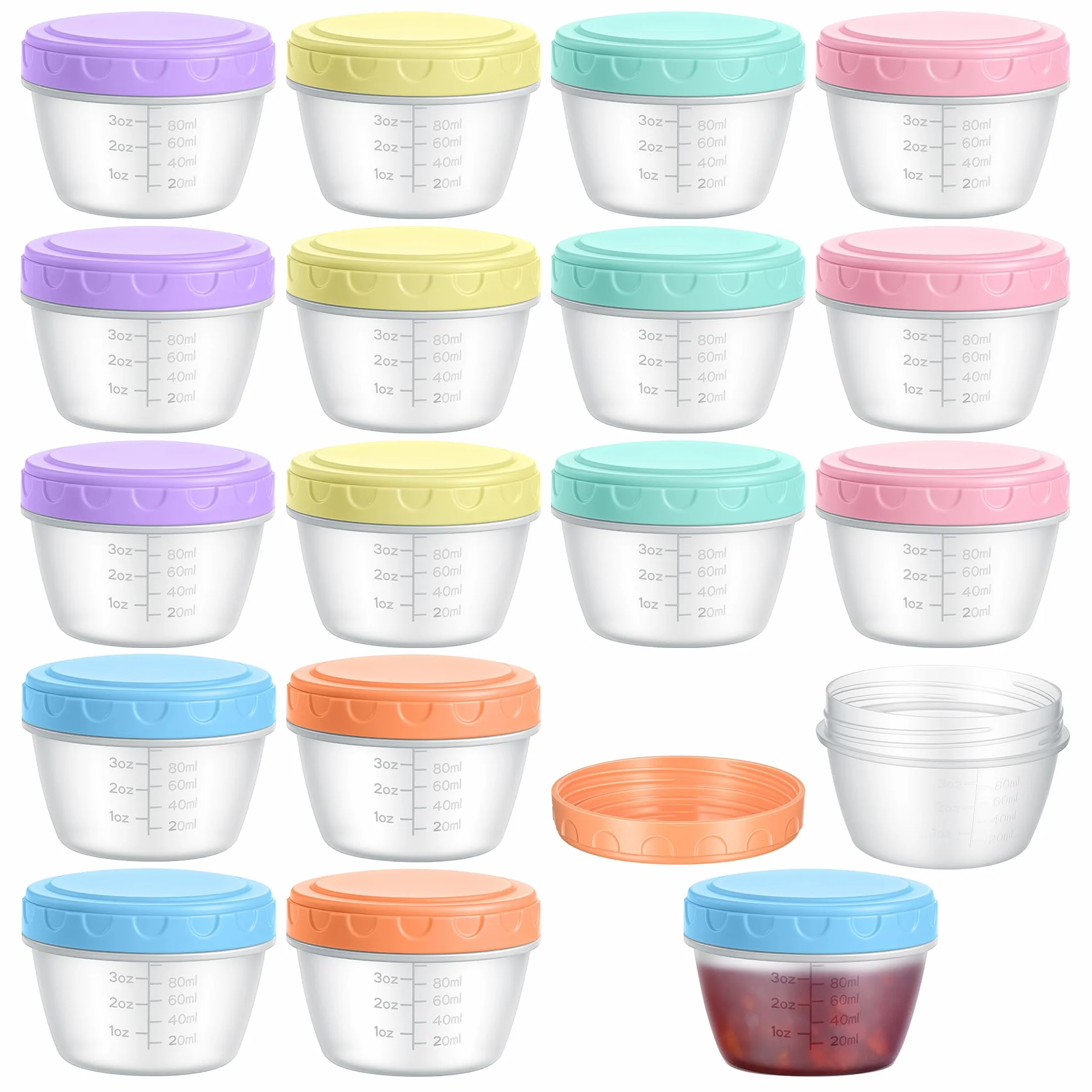 Fentar 18 Stück Gefrierdosen Klein 120ML mit Messskala, Auslaufsichere Kleine Dosen mit Deckel Plastik, Wiederverwendbare Snackdose, Schraubverschluss Mini Dosen für Saucen(6 Farben)