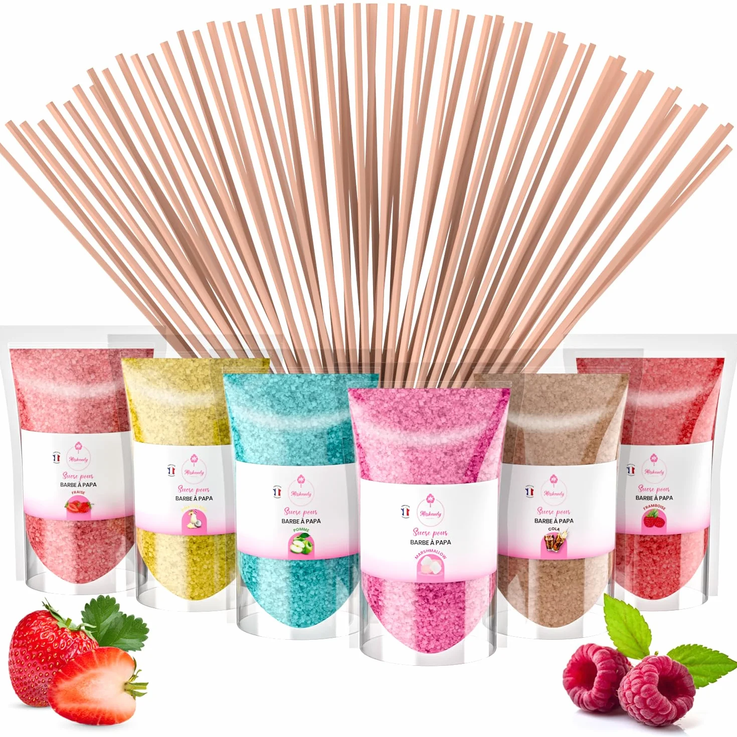 Misskandy®- Zuckerwatte Zucker 6X160Gr (Natürliche Aromen und Farben) Erdbeer-Cola -Piña Colada-Apfel-Marshmallow-Himbeere/Zuckerwattemaschine/ + 20 wiederverwendbare Sticks (kostenlos)…