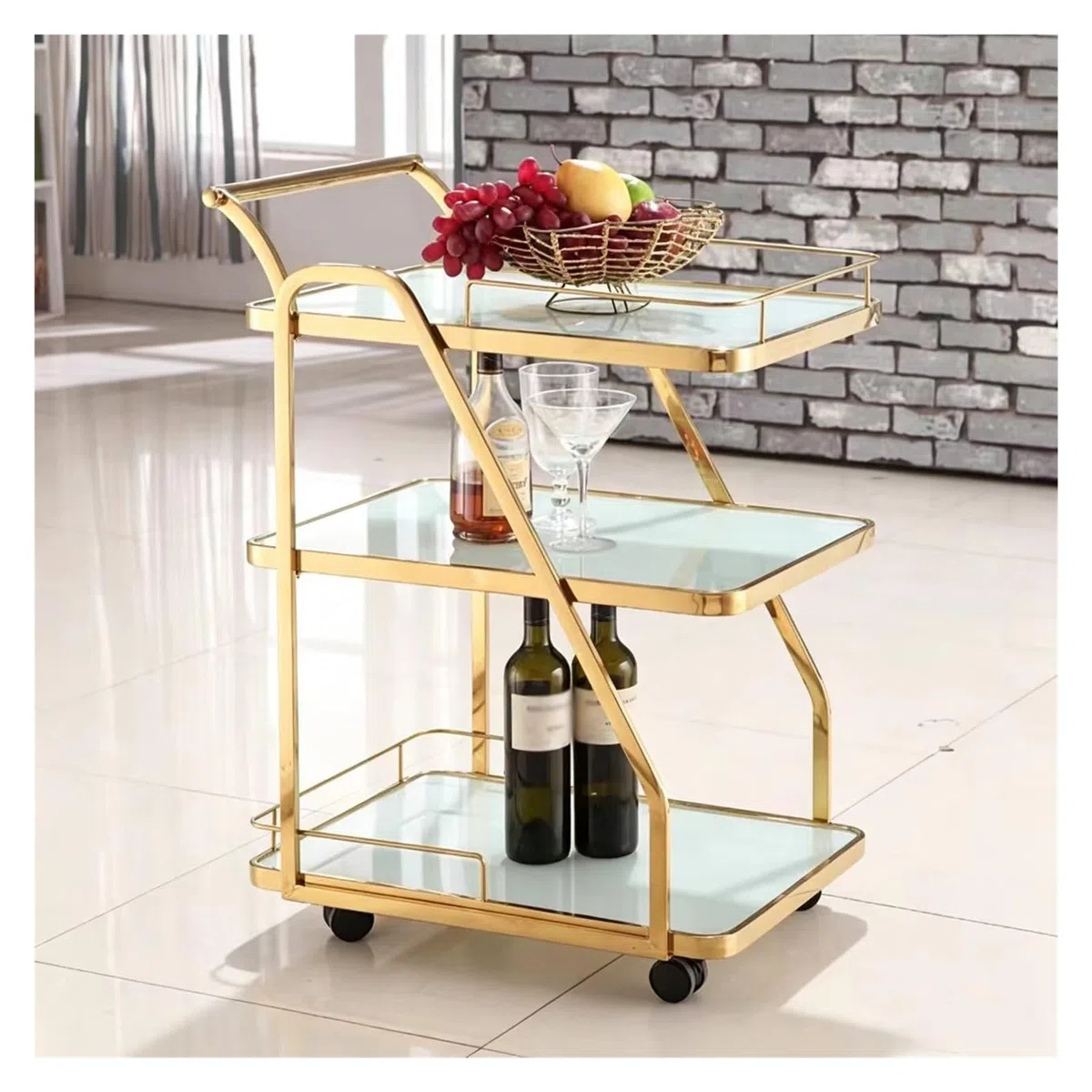 Mobiler Bar-Servierwagen, Tee-Wasser-Snack-Auto, Hotel-Restaurant-Lieferwagen, 3-stufiger Weinaufbewahrungswagen Aus Metall Mit Tischplatte Aus Gehärtetem Glas(Gold White)