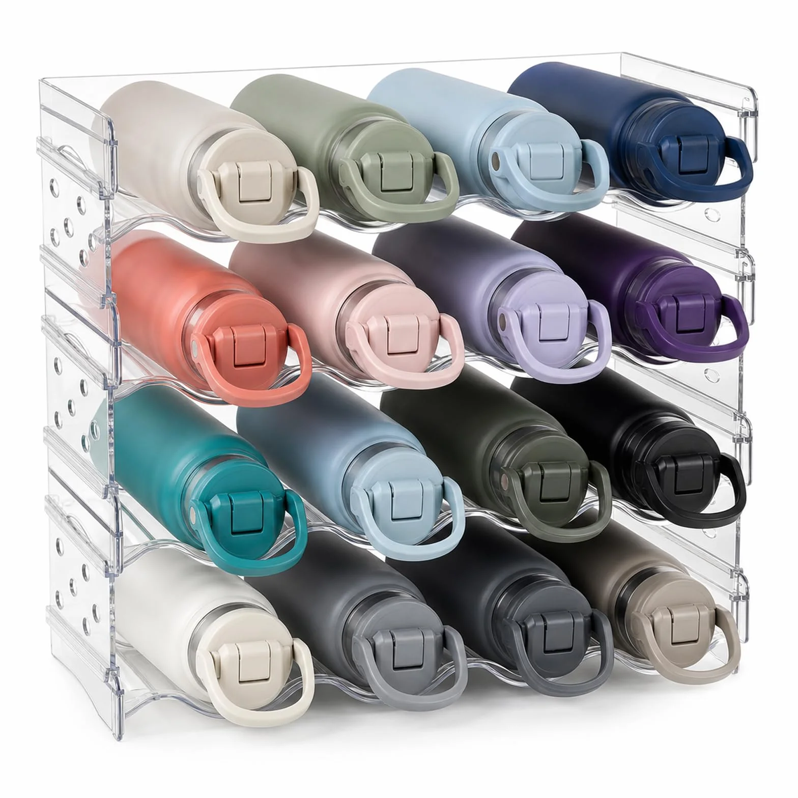 SHUESS Flaschen Organizer Schrank 4-stufig stapelbar, transparenter Flaschenorganizer für Küche, Flaschenregal Kühlschrank, Wasserflaschen Organizer aus PET, Flaschenaufbewahrung für 16 Flaschen