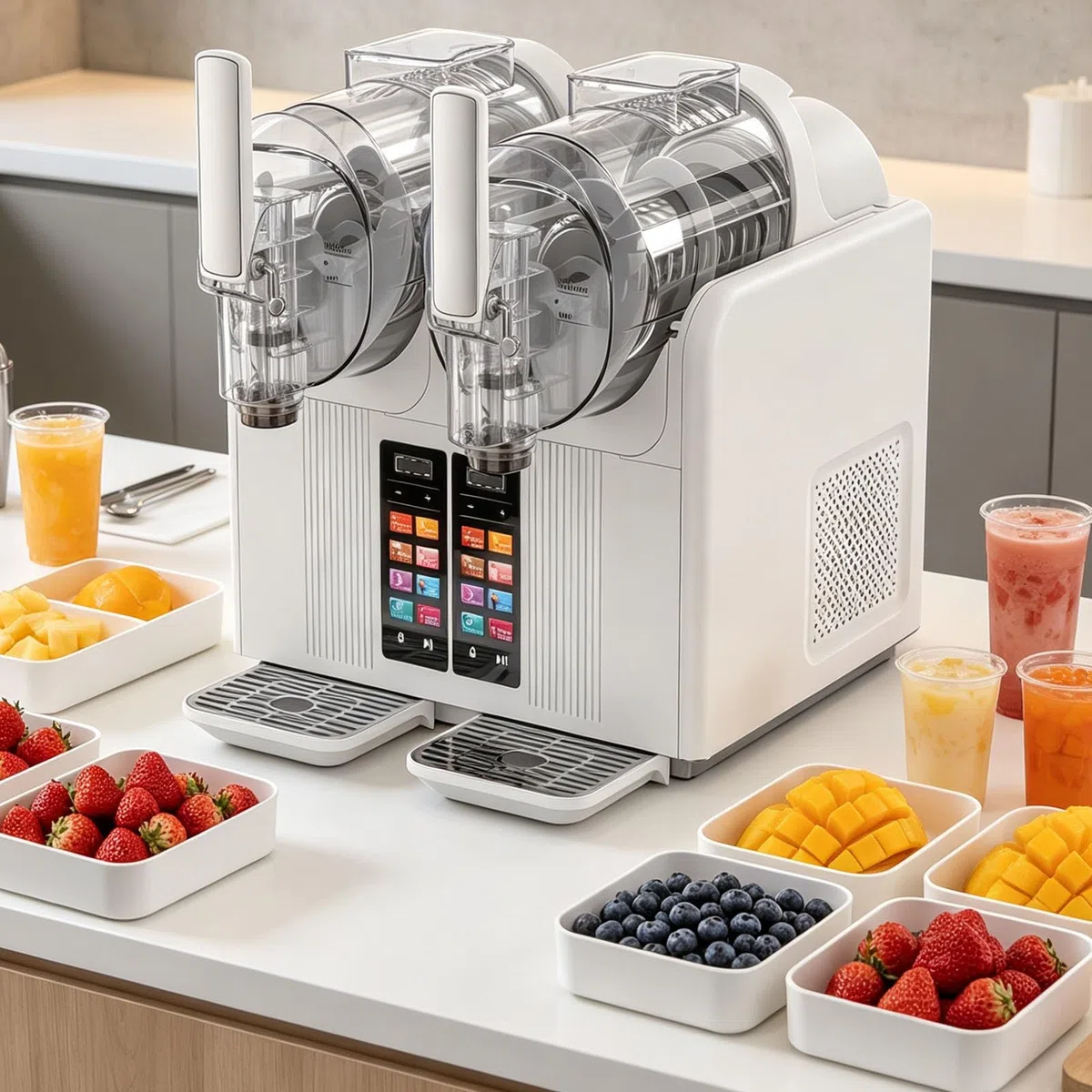 Slushy Frozen Getränkebereiter, 380 W Doppeltank, Touchscreen-Display, 7 Modi, Soft-Serve in 30-45 Minuten, ideal für den privaten und gewerblichen Gebrauch